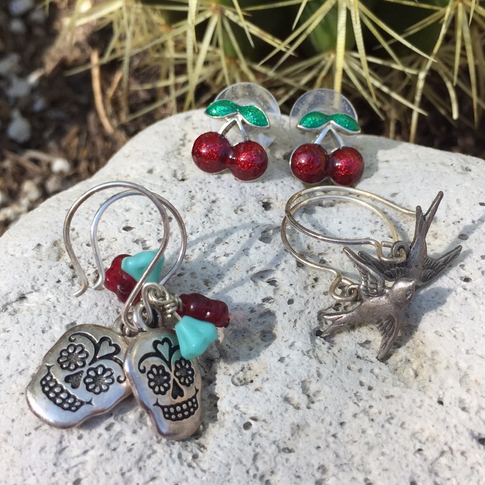 3 pair earrings Rockabilly Day of Dead Sugar Skull